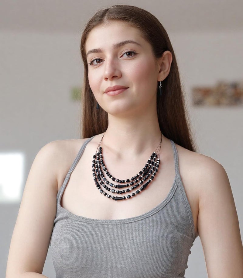 Errally Store Layered Beaded Statement Necklace Multi Strand Crystal Beads Collar Necklace and Earring Sets for Women Fashion Costume Jewelry Set Gifts for Her - Image 4